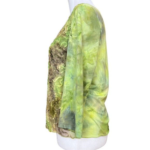 Vintage Tribal Green Tie Dye Flower & Squiggles Appliqué Y2K V Neck Top Size M - Picture 2 of 7